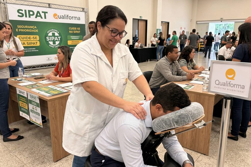 Profissional da Qualiforma realizando atendimento de quick massage em cadeira ergonômica durante um evento de SIPAT em grande empresa