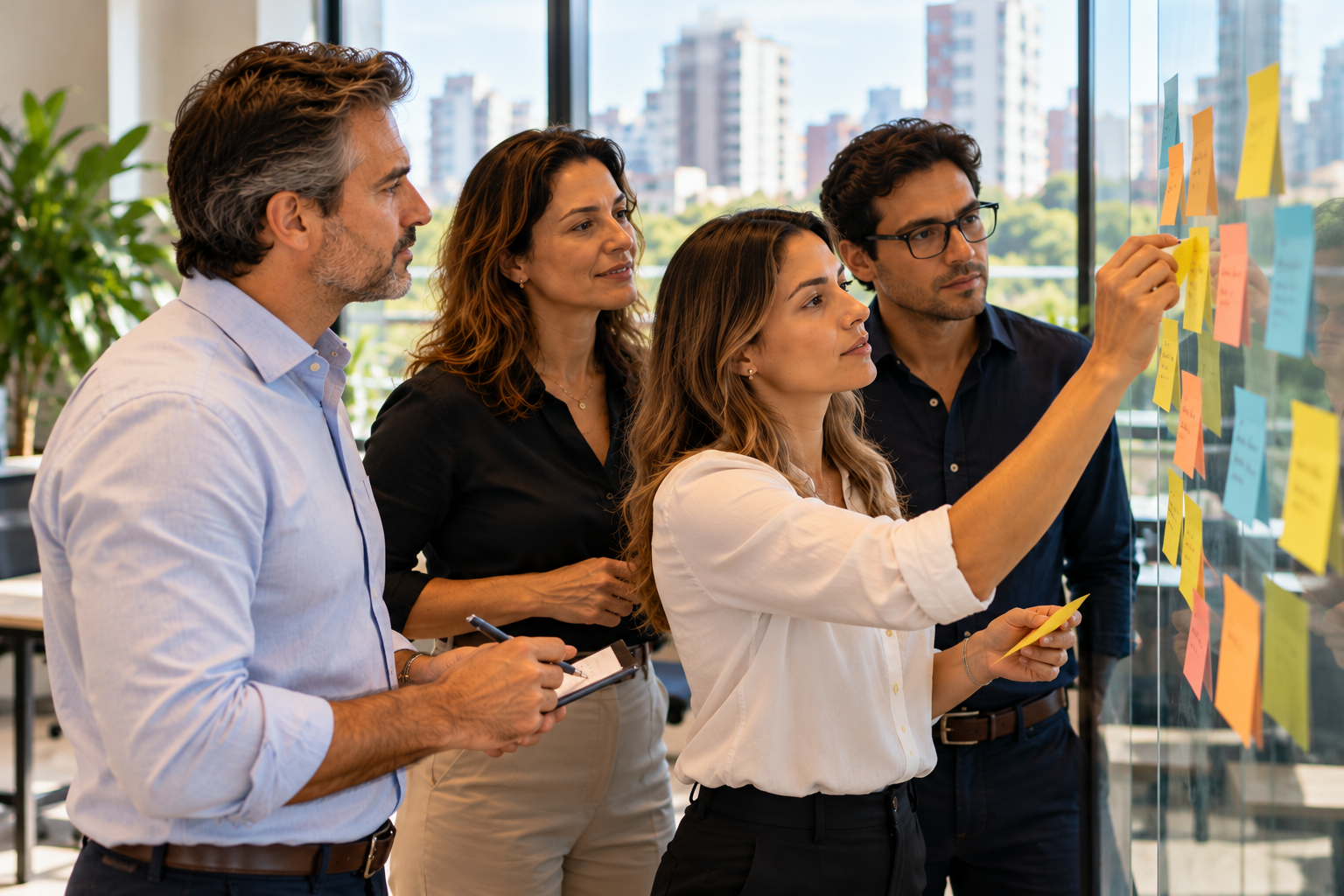 • Equipe corporativa de quatro profissionais em pé analisa e organiza notas adesivas coloridas coladas em uma parede de vidro de um escritório iluminado após mapear riscos psicossociais.